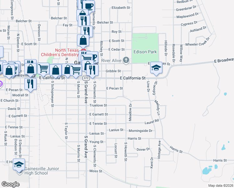 map of restaurants, bars, coffee shops, grocery stores, and more near 1503 Cherry Street in Gainesville