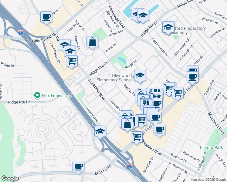 map of restaurants, bars, coffee shops, grocery stores, and more near 23402 Devonshire Drive in Lake Forest