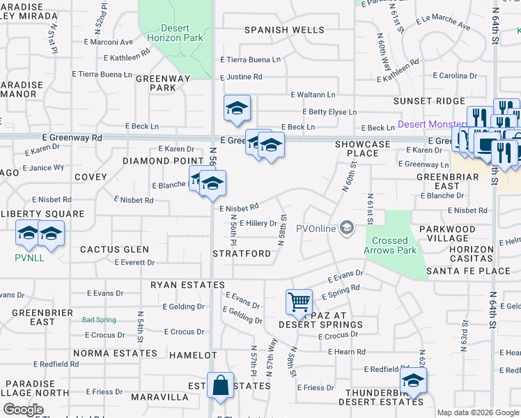 map of restaurants, bars, coffee shops, grocery stores, and more near 5725 East Nisbet Road in Scottsdale