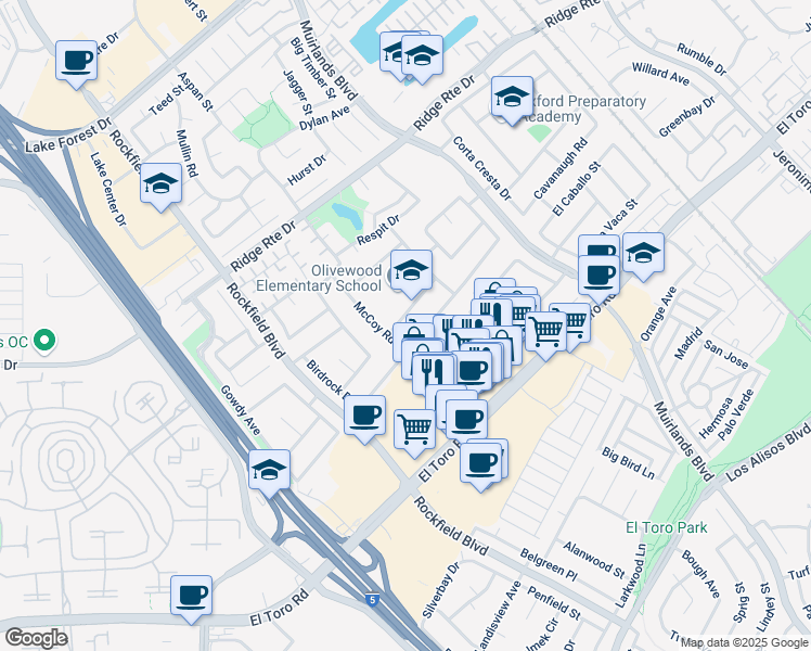 map of restaurants, bars, coffee shops, grocery stores, and more near 23422 Dune Mear Road in Lake Forest