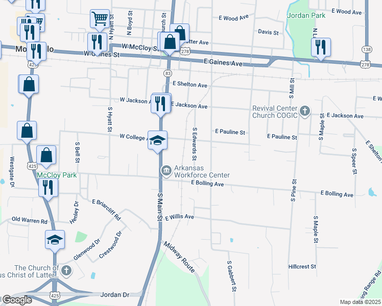 map of restaurants, bars, coffee shops, grocery stores, and more near 424 South Edwards Street in Monticello