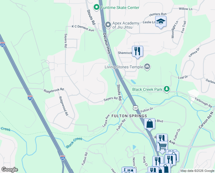map of restaurants, bars, coffee shops, grocery stores, and more near 547 Fultonbrook Drive in Fultondale