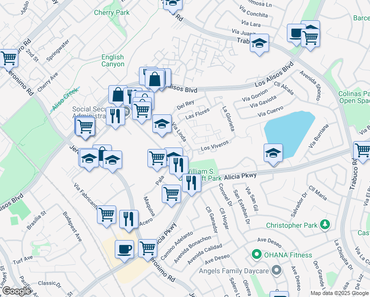 map of restaurants, bars, coffee shops, grocery stores, and more near 23401 Via Linda in Mission Viejo