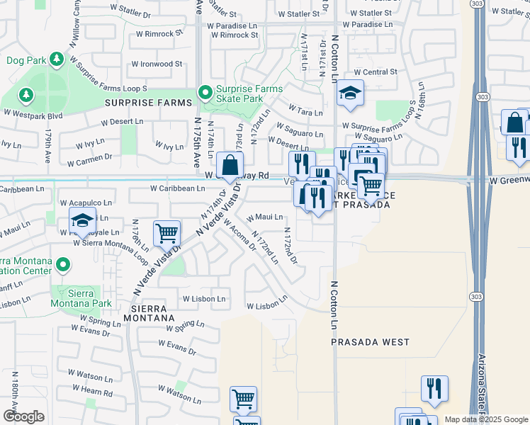 map of restaurants, bars, coffee shops, grocery stores, and more near 17262 West Maui Lane in Surprise