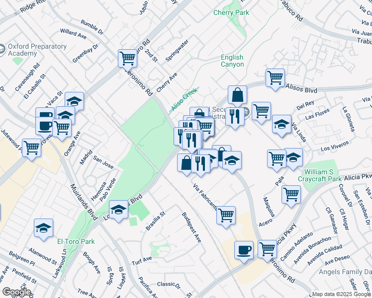 map of restaurants, bars, coffee shops, grocery stores, and more near 25502 Jeronimo Road in Mission Viejo
