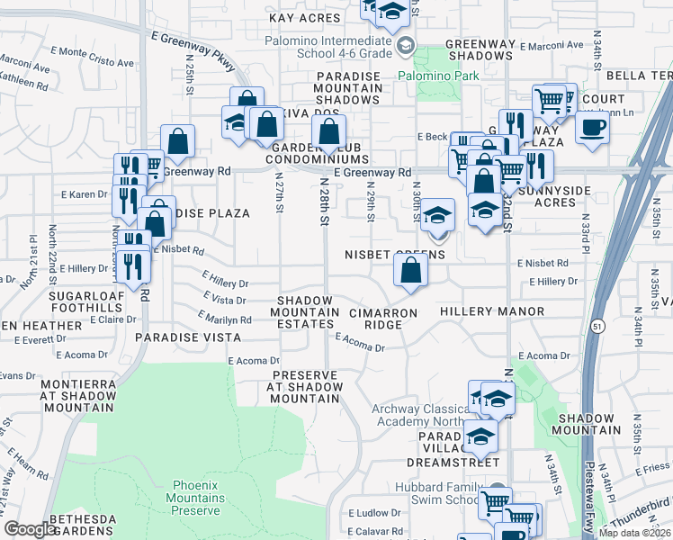 map of restaurants, bars, coffee shops, grocery stores, and more near 2810 East Hillery Drive in Phoenix