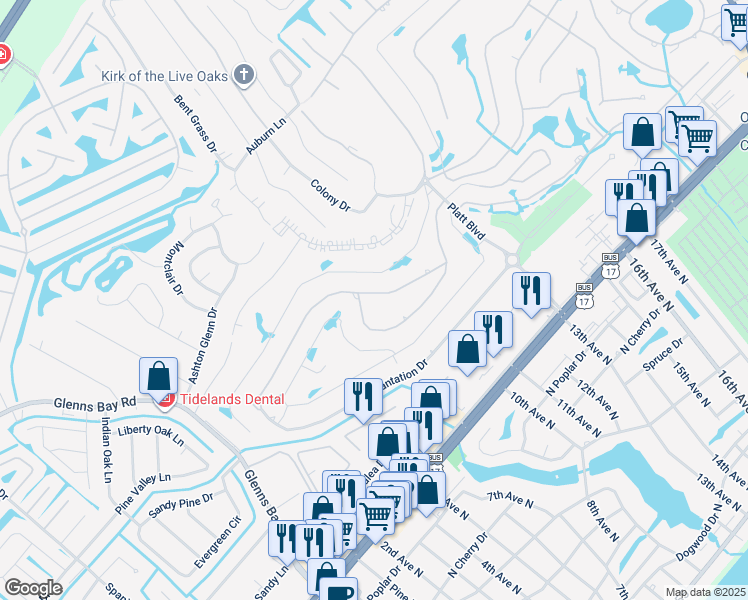 map of restaurants, bars, coffee shops, grocery stores, and more near 1102 Plantation Drive in Myrtle Beach
