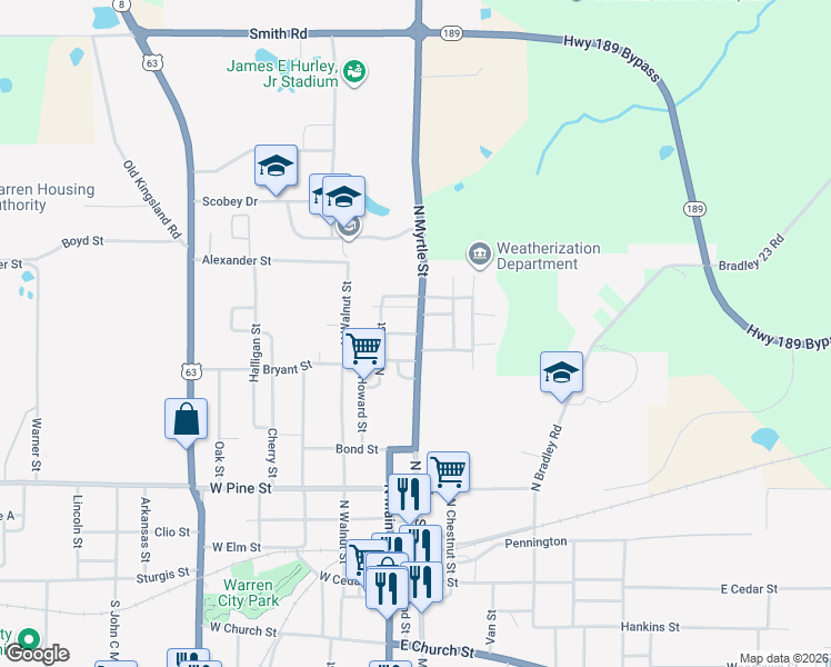 map of restaurants, bars, coffee shops, grocery stores, and more near 105 Neely Street in Warren