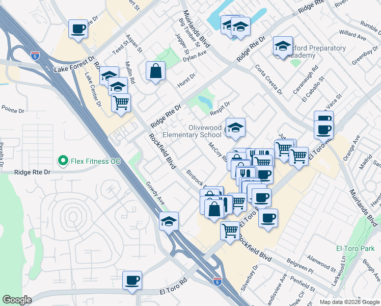 map of restaurants, bars, coffee shops, grocery stores, and more near 23402 Devonshire Drive in Lake Forest