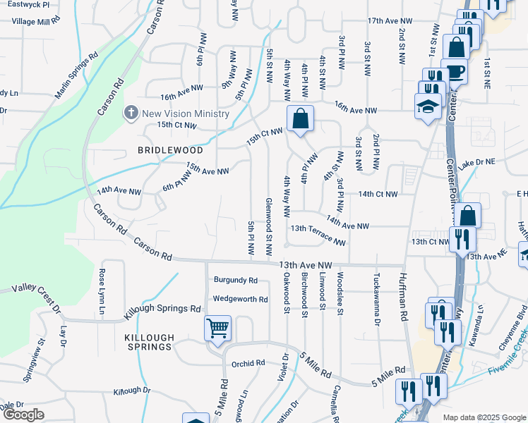 map of restaurants, bars, coffee shops, grocery stores, and more near 1348 Glenwood Street Northwest in Center Point