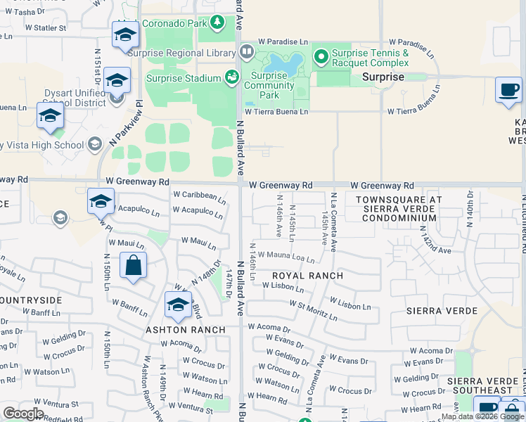 map of restaurants, bars, coffee shops, grocery stores, and more near 14643 West Acapulco Lane in Surprise