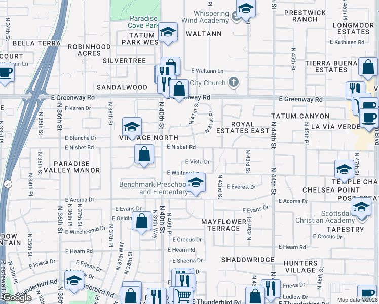 map of restaurants, bars, coffee shops, grocery stores, and more near 4119 East Nisbet Road in Phoenix