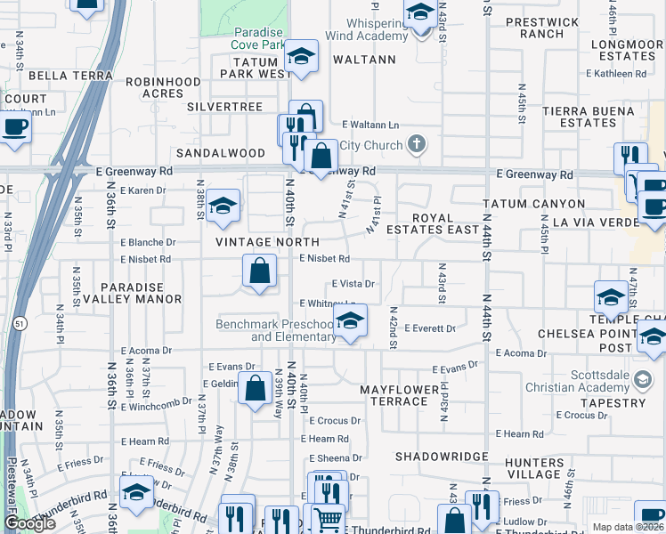 map of restaurants, bars, coffee shops, grocery stores, and more near 4091 East Nisbet Road in Phoenix