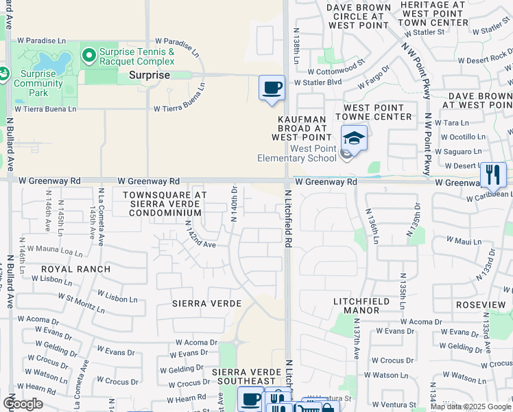 map of restaurants, bars, coffee shops, grocery stores, and more near 14073 West Greenway Road in Surprise