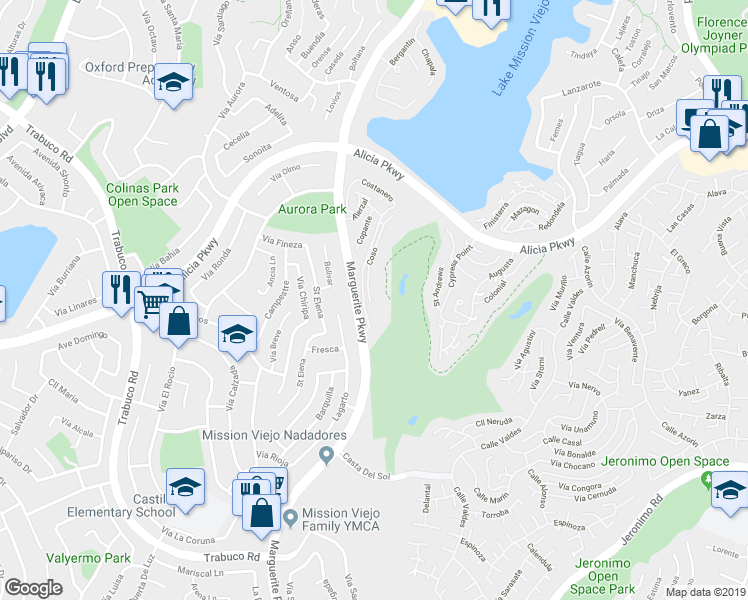 map of restaurants, bars, coffee shops, grocery stores, and more near 23304 Coso in Mission Viejo