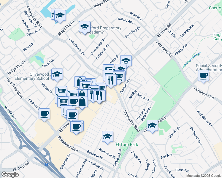map of restaurants, bars, coffee shops, grocery stores, and more near 24842 Muirlands Boulevard in Lake Forest