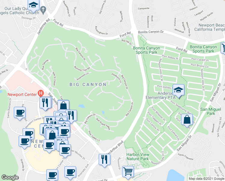 map of restaurants, bars, coffee shops, grocery stores, and more near 64 Royal Saint George Road in Newport Beach