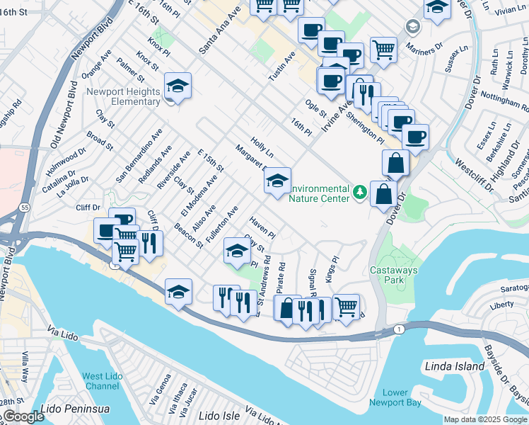 map of restaurants, bars, coffee shops, grocery stores, and more near 600 Irvine Avenue in Newport Beach