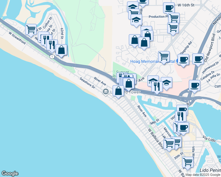 map of restaurants, bars, coffee shops, grocery stores, and more near 4816 River Avenue in Newport Beach