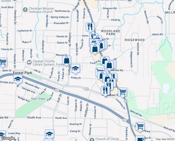 map of restaurants, bars, coffee shops, grocery stores, and more near 1000 Ferguson Court in Forest Park