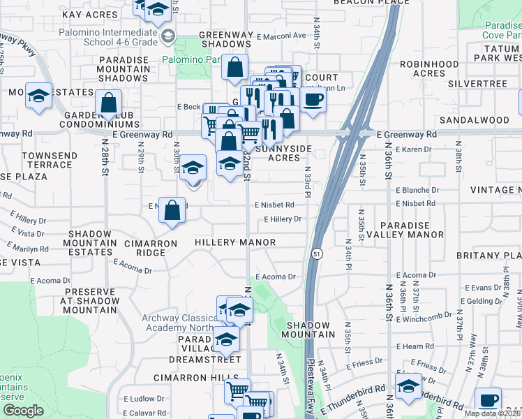 map of restaurants, bars, coffee shops, grocery stores, and more near 3215 E Nisbet Rd in Phoenix