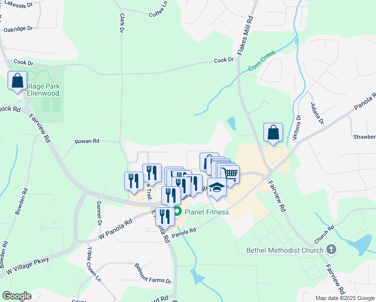 map of restaurants, bars, coffee shops, grocery stores, and more near 89 Wabash Drive in Ellenwood