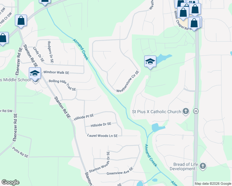map of restaurants, bars, coffee shops, grocery stores, and more near 2671 Weatherstone Circle Southeast in Conyers