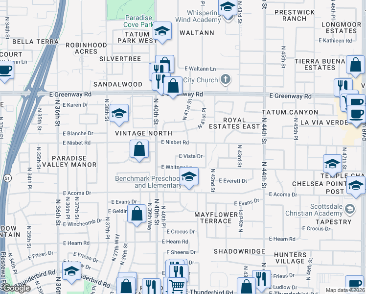 map of restaurants, bars, coffee shops, grocery stores, and more near 4119 East Nisbet Road in Phoenix