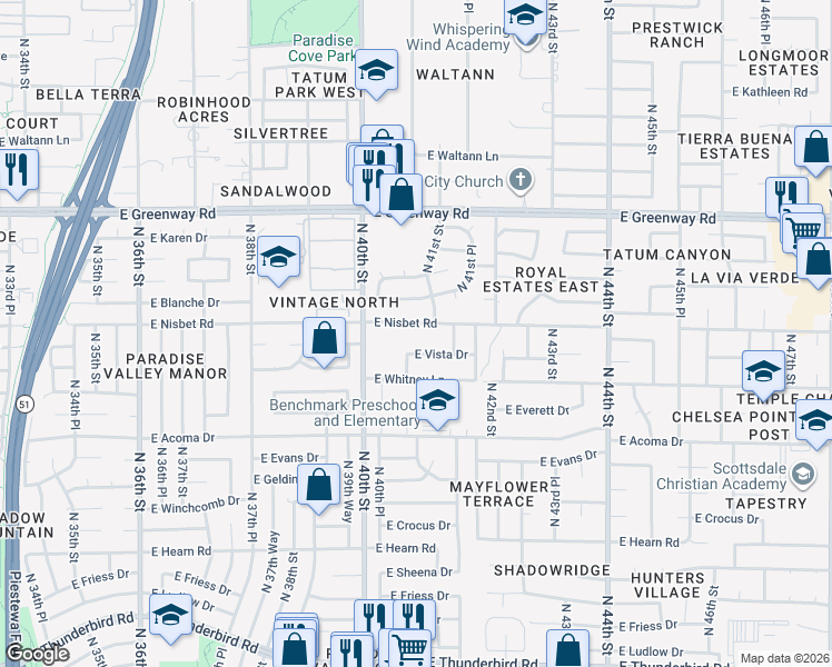 map of restaurants, bars, coffee shops, grocery stores, and more near 4091 East Nisbet Road in Phoenix
