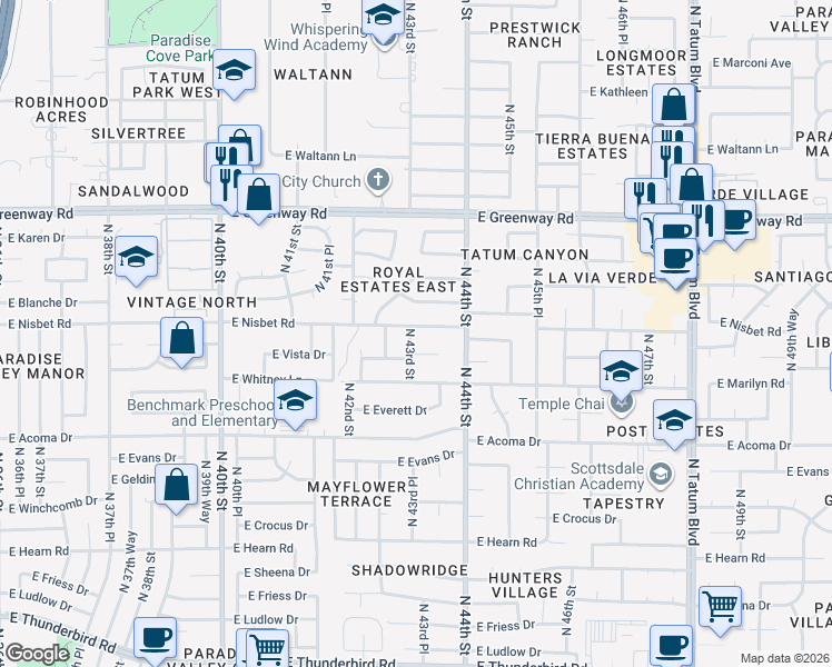 map of restaurants, bars, coffee shops, grocery stores, and more near 4301 East Nisbet Road in Phoenix