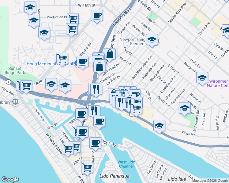 map of restaurants, bars, coffee shops, grocery stores, and more near 2953 Cliff Drive in Newport Beach