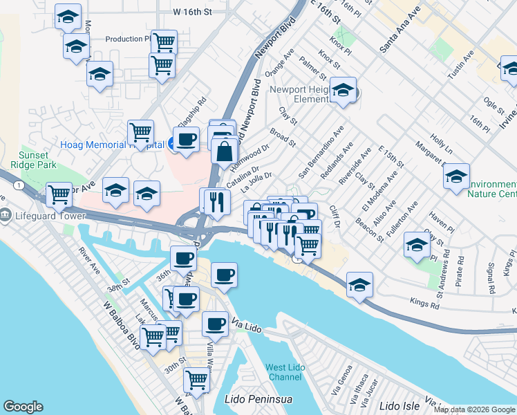 map of restaurants, bars, coffee shops, grocery stores, and more near 2953 Cliff Drive in Newport Beach