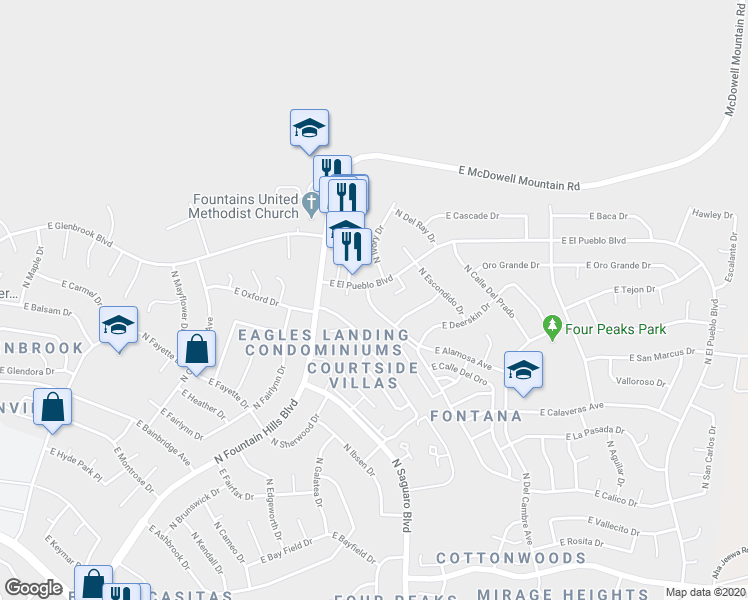 map of restaurants, bars, coffee shops, grocery stores, and more near 16818 Alamosa Avenue in Fountain Hills