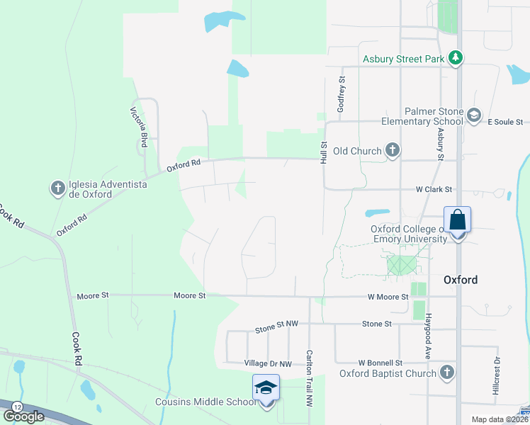 map of restaurants, bars, coffee shops, grocery stores, and more near 140 Longstreet Circle in Oxford