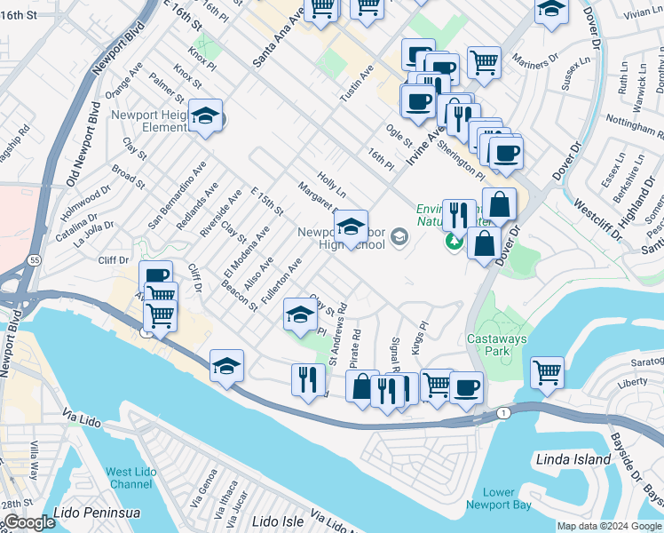 map of restaurants, bars, coffee shops, grocery stores, and more near 2101 East 15th Street in Newport Beach