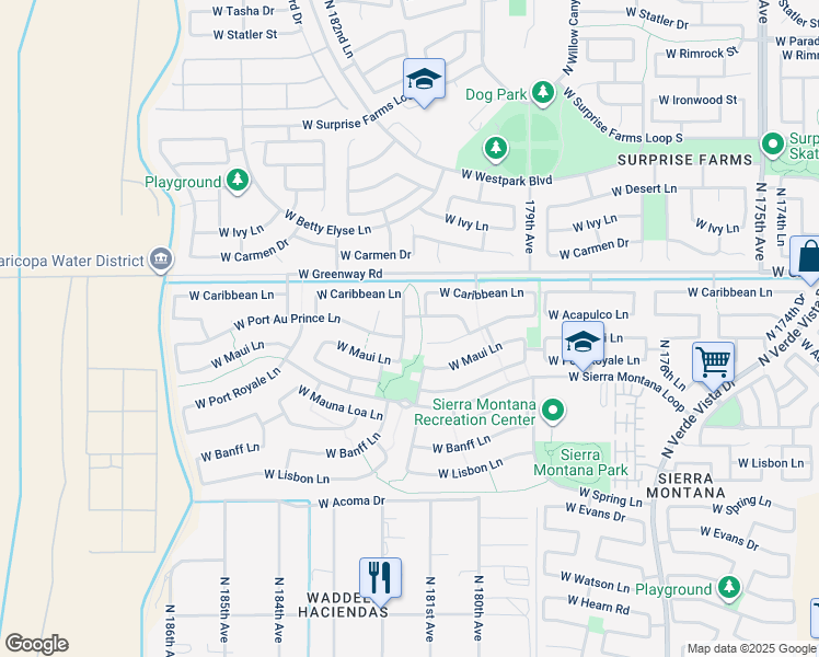 map of restaurants, bars, coffee shops, grocery stores, and more near 15217 North 181st Drive in Surprise