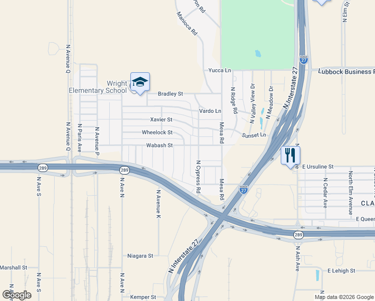 map of restaurants, bars, coffee shops, grocery stores, and more near 901-999 Wabash Street in Lubbock