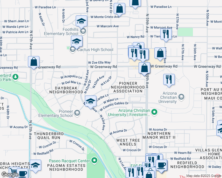map of restaurants, bars, coffee shops, grocery stores, and more near 15201 North 61st Avenue in Glendale