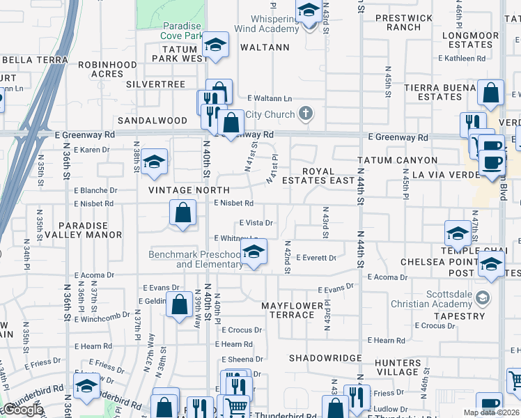 map of restaurants, bars, coffee shops, grocery stores, and more near 4119 East Nisbet Road in Phoenix