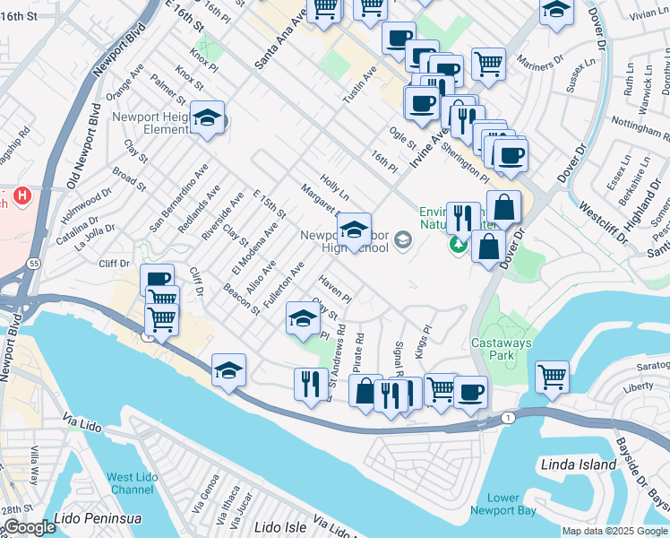 map of restaurants, bars, coffee shops, grocery stores, and more near 2101 East 15th Street in Newport Beach
