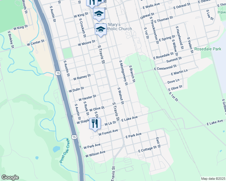 map of restaurants, bars, coffee shops, grocery stores, and more near 1329 South Travis Street in Sherman