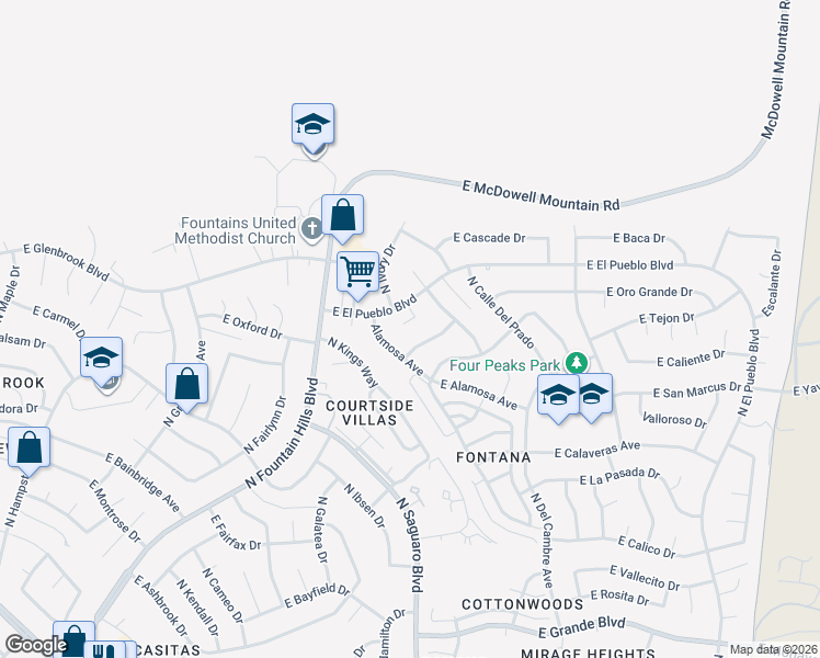 map of restaurants, bars, coffee shops, grocery stores, and more near 16839 East Mirage Crossing Court in Fountain Hills