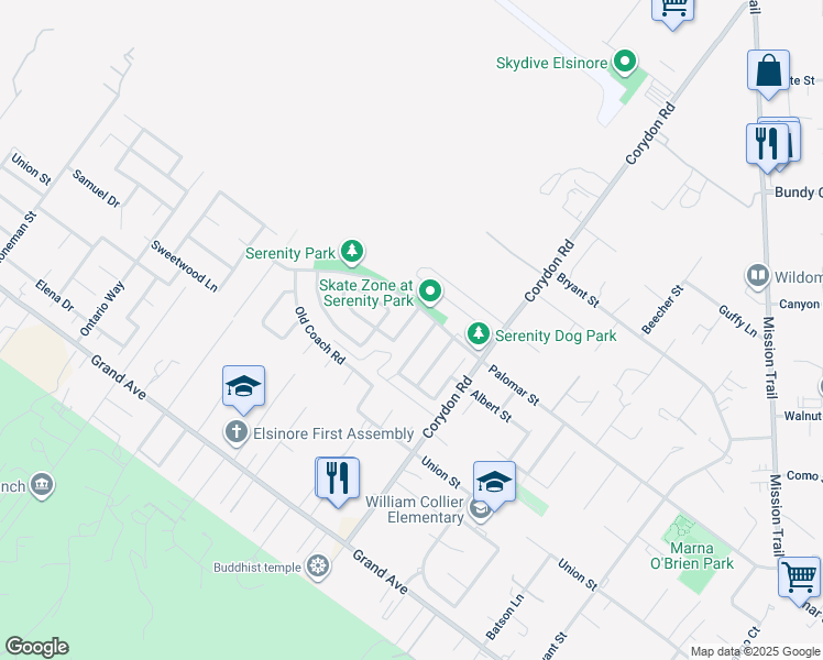 map of restaurants, bars, coffee shops, grocery stores, and more near 32430 Cape Cod Drive in Lake Elsinore