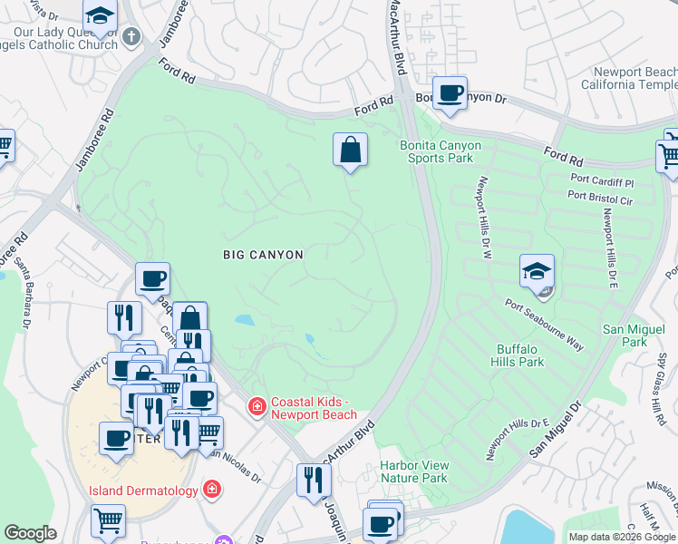 map of restaurants, bars, coffee shops, grocery stores, and more near 64 Royal Saint George Road in Newport Beach