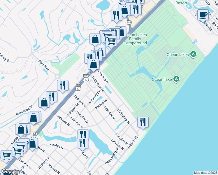 map of restaurants, bars, coffee shops, grocery stores, and more near 619 17th Avenue North in Surfside Beach