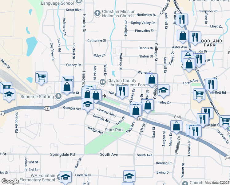 map of restaurants, bars, coffee shops, grocery stores, and more near 730 Hill Street in Forest Park