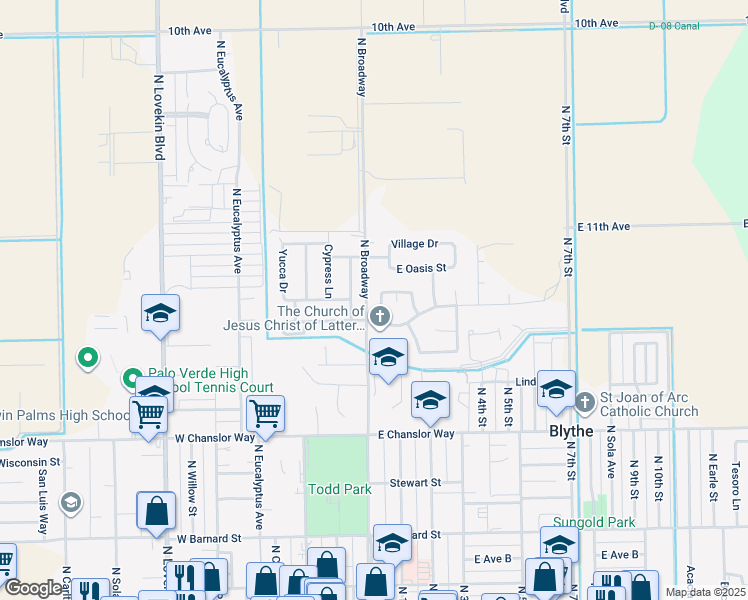 map of restaurants, bars, coffee shops, grocery stores, and more near 161 Eunice Circle in Blythe