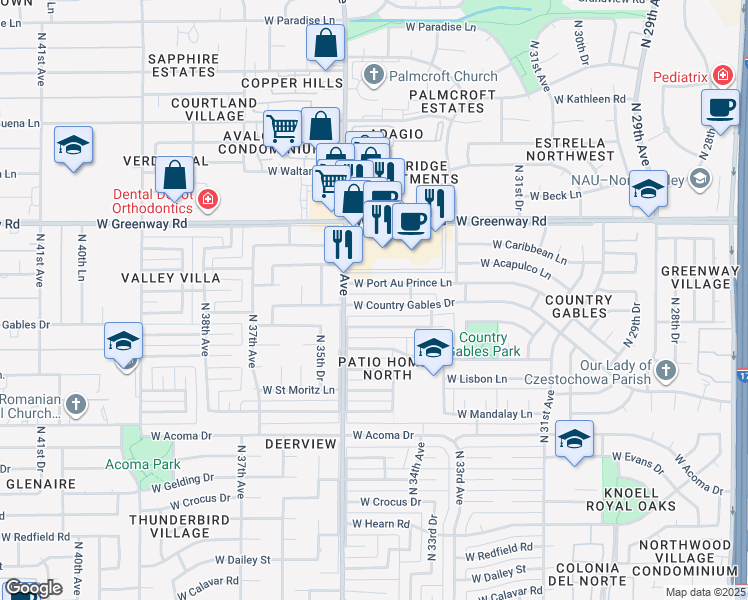 map of restaurants, bars, coffee shops, grocery stores, and more near 3420 West Country Gables Drive in Phoenix