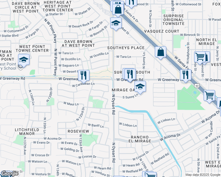map of restaurants, bars, coffee shops, grocery stores, and more near 15261 North Gil Balcome Court in Surprise
