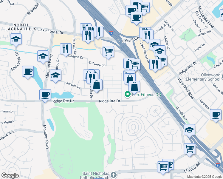 map of restaurants, bars, coffee shops, grocery stores, and more near 82 Beach Comber in Laguna Hills